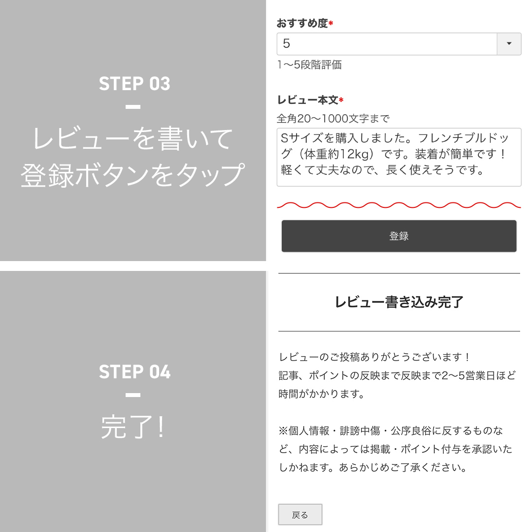 レビューが書けたら、登録ボタンをタップして投稿完了